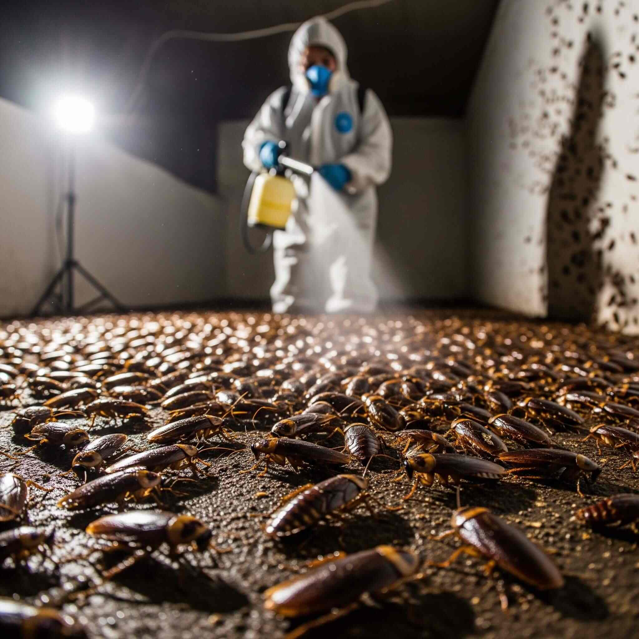 A large group of cockroaches with an exterminater spraying them