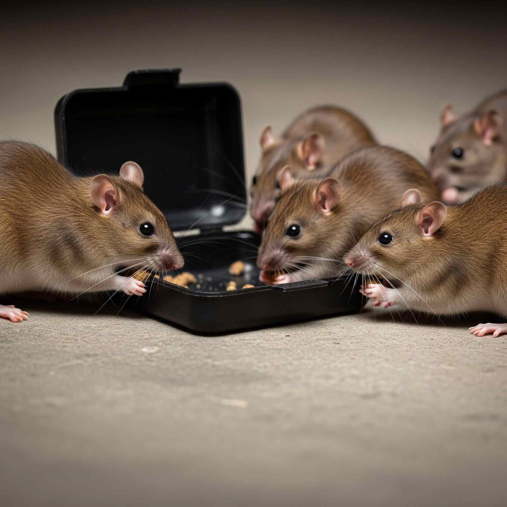 Rodents grouped together eating poison