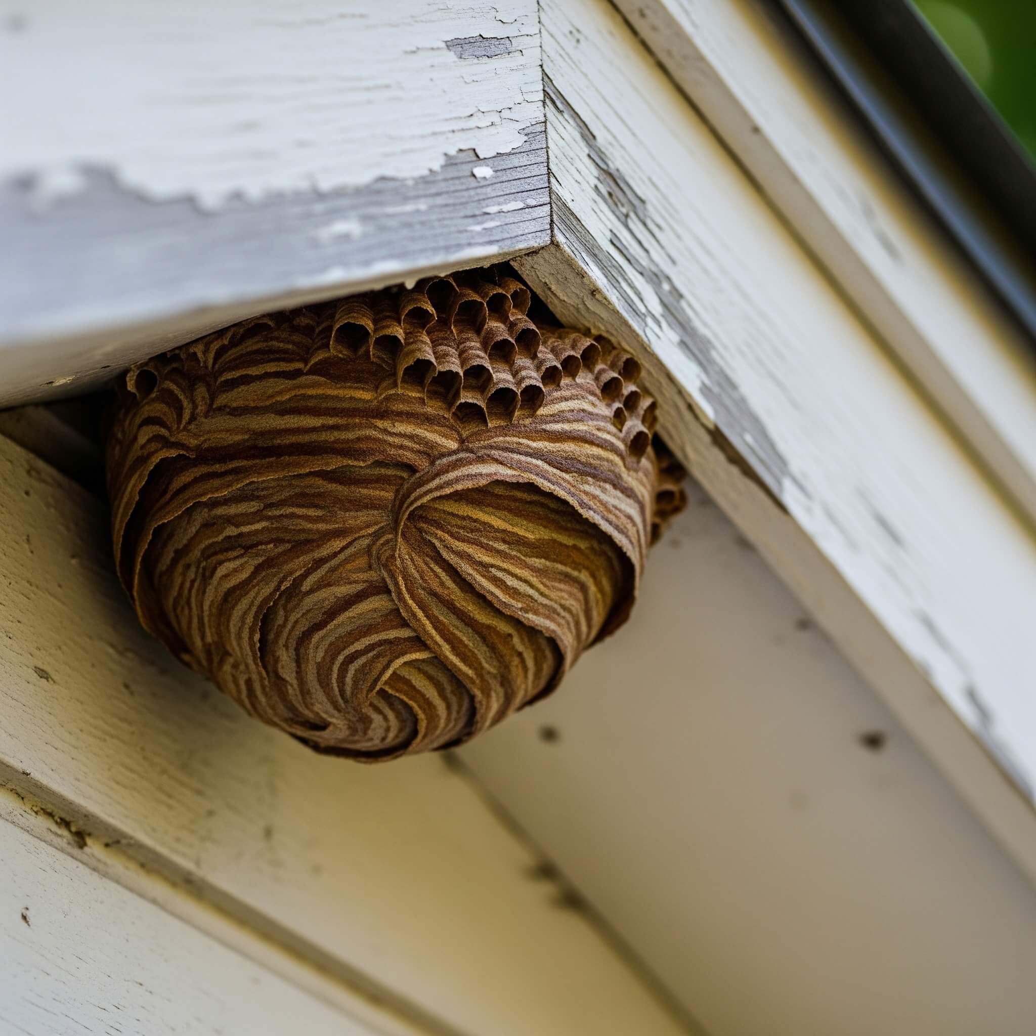 A wasp nest on the eaves of a home